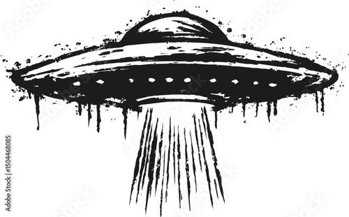 Grunge style illustration of a flying saucer with beam in black and white. Vector illustration