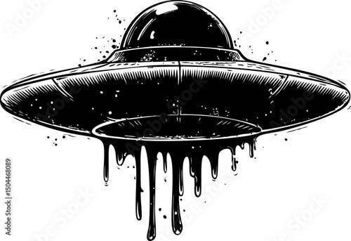 Black and white illustration of dripping ufo with grunge style. Vector illustration