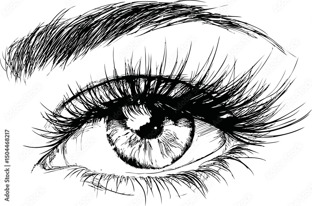 Obraz premium Detailed black and white sketch of an eye with long eyelashes. Vector illustration
