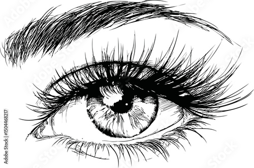 Detailed black and white sketch of an eye with long eyelashes. Vector illustration