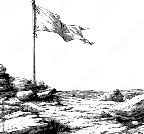 Monochrome drawing of a tattered flag on a rocky landscape, black and white sketch. Vector illustration