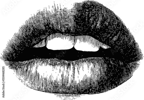 Detailed black and white sketch of human lips with textured shading. Vector illustration