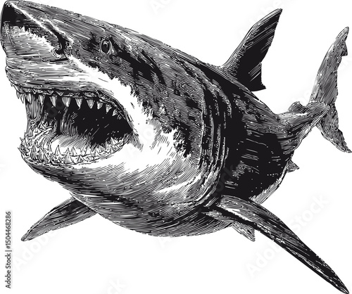 Illustration of a fierce great white shark in black ink with open mouth. Vector illustration