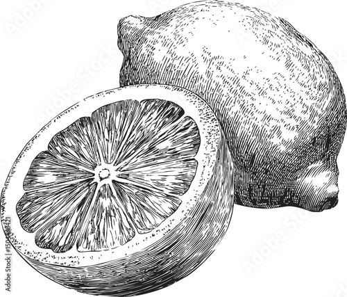 Hand-drawn illustration of whole and halved lemon in black and white sketch. Vector illustration