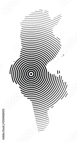 Abstract map of Tunisia showing the country with concentric black tapering lines