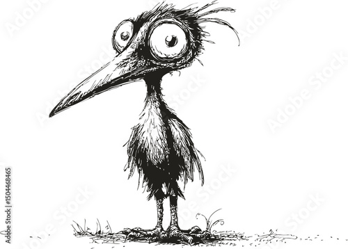 Cartoonish black-and-white bird with exaggerated eyes looking surprised, sketch. Vector illustration