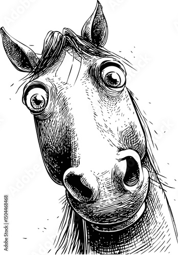 Detailed black and white sketch of a curious horse with wide eyes, conceptual art. Vector illustration