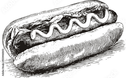 Black and white sketch of a detailed hot dog with mustard illustration. Vector illustration