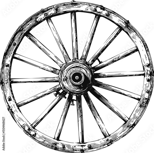 Wooden wagon wheel in black and white sketch, vintage rustic illustration. Vector illustration