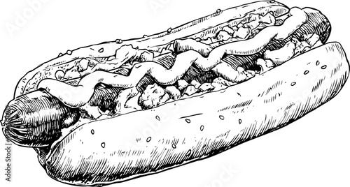 Black and white illustration of a hot dog with mustard and relish. Vector illustration