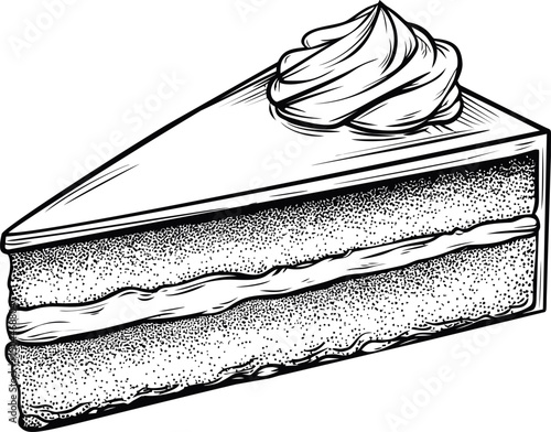 Black and white illustration of cake slice with frosting topping drawn. Vector illustration