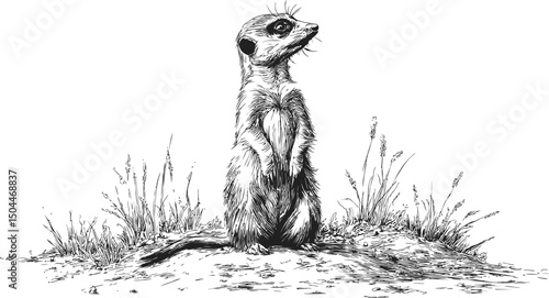 Illustration of a standing meerkat on a mound with grasses in black and white. Vector illustration