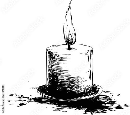 Black and white illustration of a burning candle with shadow effects. Vector illustration