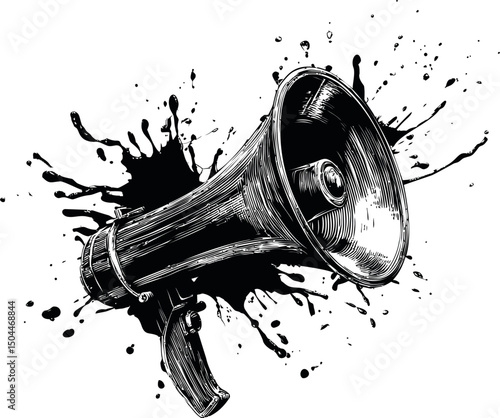 Vintage megaphone with black ink splatter, sketch art design. Vector illustration