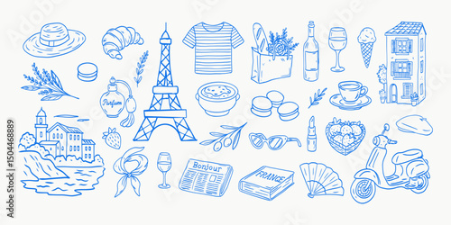 A blue and white drawing of various food and drink items, including a bottle of wine, a cup, a bowl, a spoon, a fork, a knife, a banana, a strawberry, a cupcake, a donut, a cake