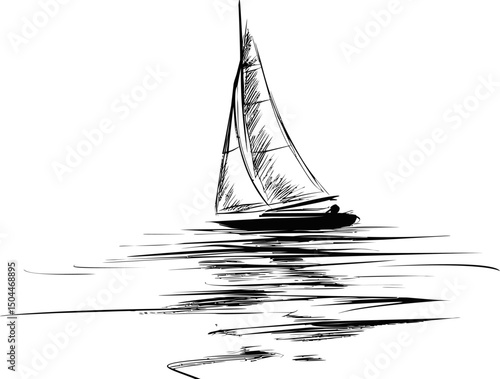 Black and white sketch of a sailboat on calm waters, minimalist art drawing. Vector illustration
