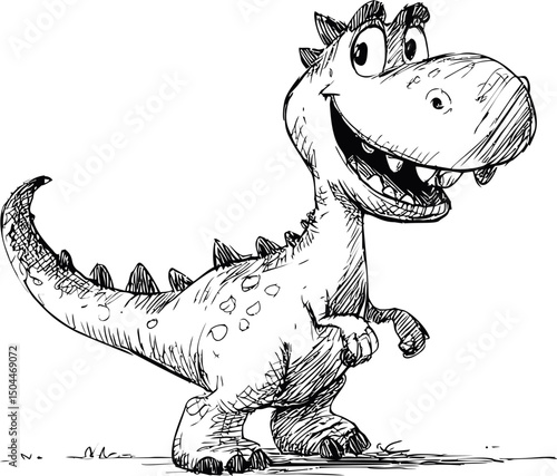 Smiling cartoon dinosaur with big eyes in black and white sketch style. Vector illustration