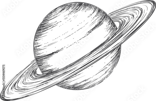 Sketch of planet with rings featuring detailed lines and shading illustration. Vector illustration