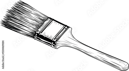 Black and white illustration of a paintbrush with detailed bristles and handle. Vector illustration