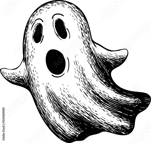 Illustration of a spooky cartoon ghost with wide eyes and open mouth in black and white. Vector illustration