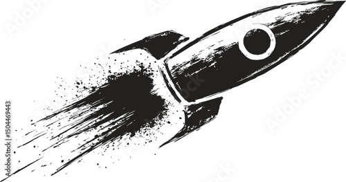 Sketch style black rocket launching with a sense of motion and energy. Vector illustration