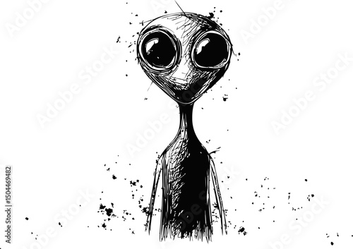 Mysterious alien creature with large eyes in black and white sketch style. Vector illustration