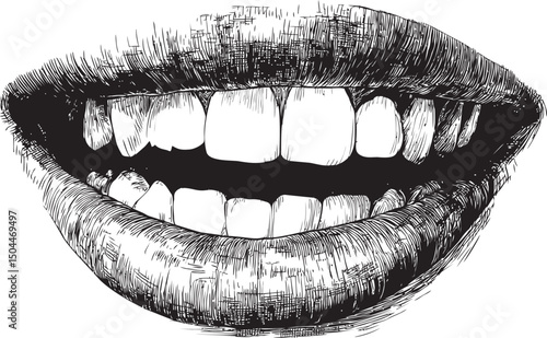 Monochrome sketch of a smiling mouth with detailed teeth and lips illustration. Vector illustration
