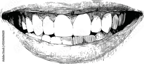 Black and white sketch of a smiling mouth with detailed teeth illustration. Vector illustration