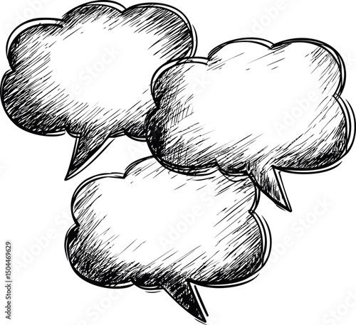 Three sketched speech bubbles overlapping, black and white illustration. Vector illustration