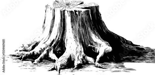 Detailed black and white illustration of a tree stump with roots extending outward. Vector illustration