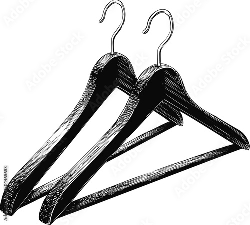 Black and white illustration of two wooden hangers with hooks overhead. Vector illustration