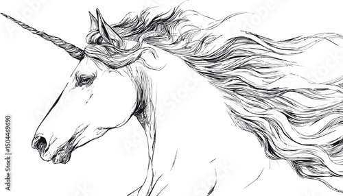 Elegant black and white drawing of a unicorn with flowing mane, mythical creature sketch. Vector illustration