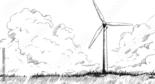 Wind turbine against cloudy sky in black and white sketch, renewable energy concept. Vector illustration