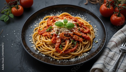Dark plate with italian spaghetti on dark.