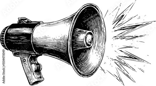 Detailed vintage megaphone with sound waves drawing, black and white illustration. Vector illustration
