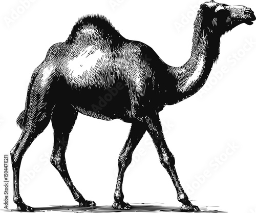Black and white illustration of a single-humped camel walking. Vector illustration