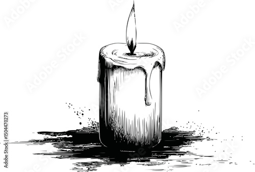Illustration of a melting candle with flame and wax drips in black and white. Vector illustration