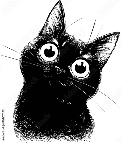Black and white illustration of a wide-eyed cat staring curiously. Vector illustration