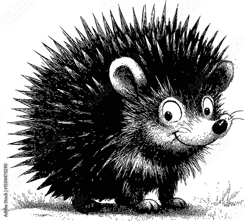 Cute hedgehog illustration in black and white with spiky fur, cartoon style. Vector illustration