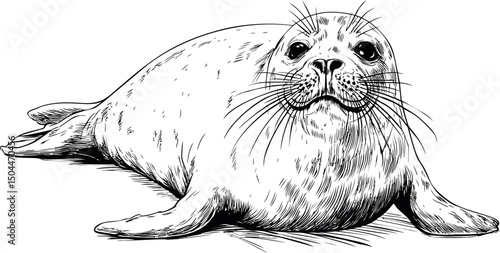 Detailed black and white sketch of a harbor seal, illustration. Vector illustration