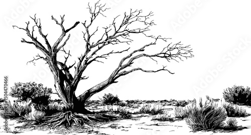 Barren tree in a desert landscape with bushy plants, black ink drawing. Vector illustration