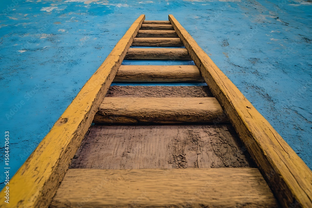 Fototapeta premium Weathered Wooden Ladder Against Blue Wall Symbolizing Ascent and Progress in Rustic Abstract Art Theme