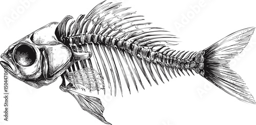 Detailed illustration of a fish skeleton in black and white, anatomy study. Vector illustration
