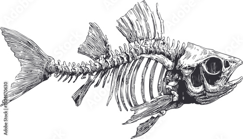 Detailed fish skeleton illustration in black and white, artistic concept. Vector illustration