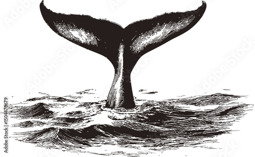 Detailed drawing of a whale tail emerging from ocean waves illustration. Vector illustration