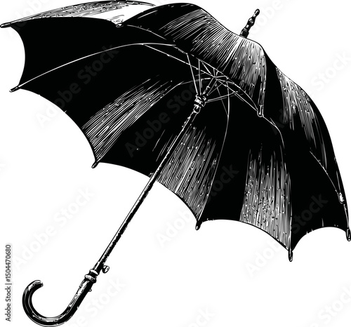 Black and white illustration of an open vintage umbrella with curved handle. Vector illustration