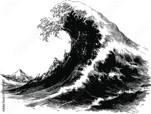 Great wave with Mount Fuji in the background, black and white sketch style. Vector illustration