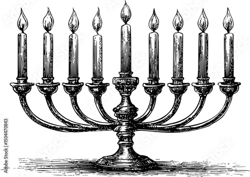 Detailed black and white illustration of a menorah with nine lit candles. Vector illustration