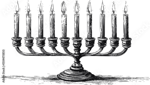 Black and white illustration of a lit menorah with nine candles, holiday theme. Vector illustration