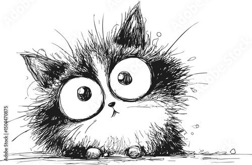 Wide-eyed sketch of a fluffy cat with expressive features, ink drawing style. Vector illustration